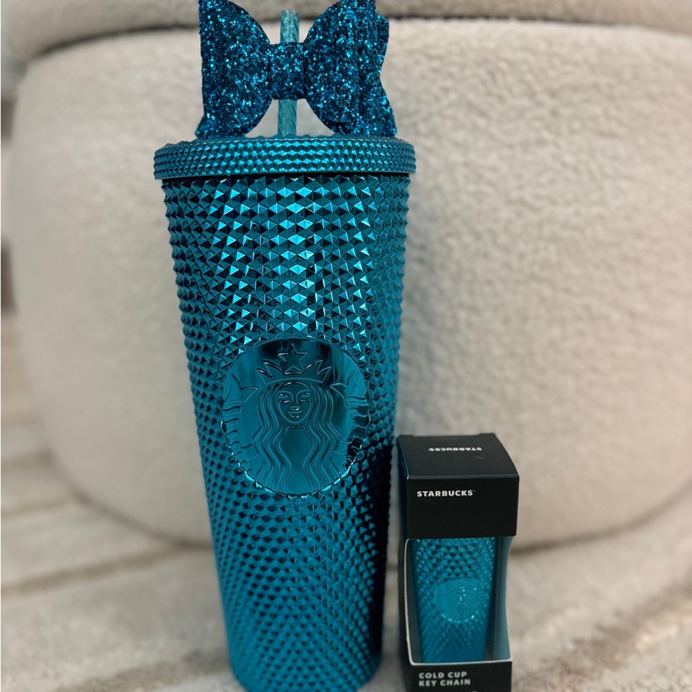 Starbucks Blue Studded Tumbler with Bow and matching keychain